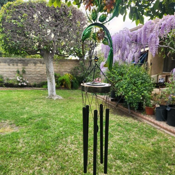 37" H, Farmhouse Solar Hummingbird Metal Wind Chimes, Garden Decor - Picture 1 of 3